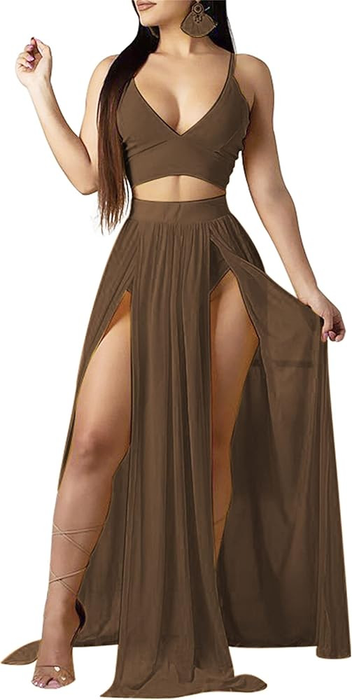 Women Sexy 2 Piece Outfits Dress Chiffon Strap Deep V Neck Bra Crop Top High Split Maxi Dresses S... | Amazon (US)