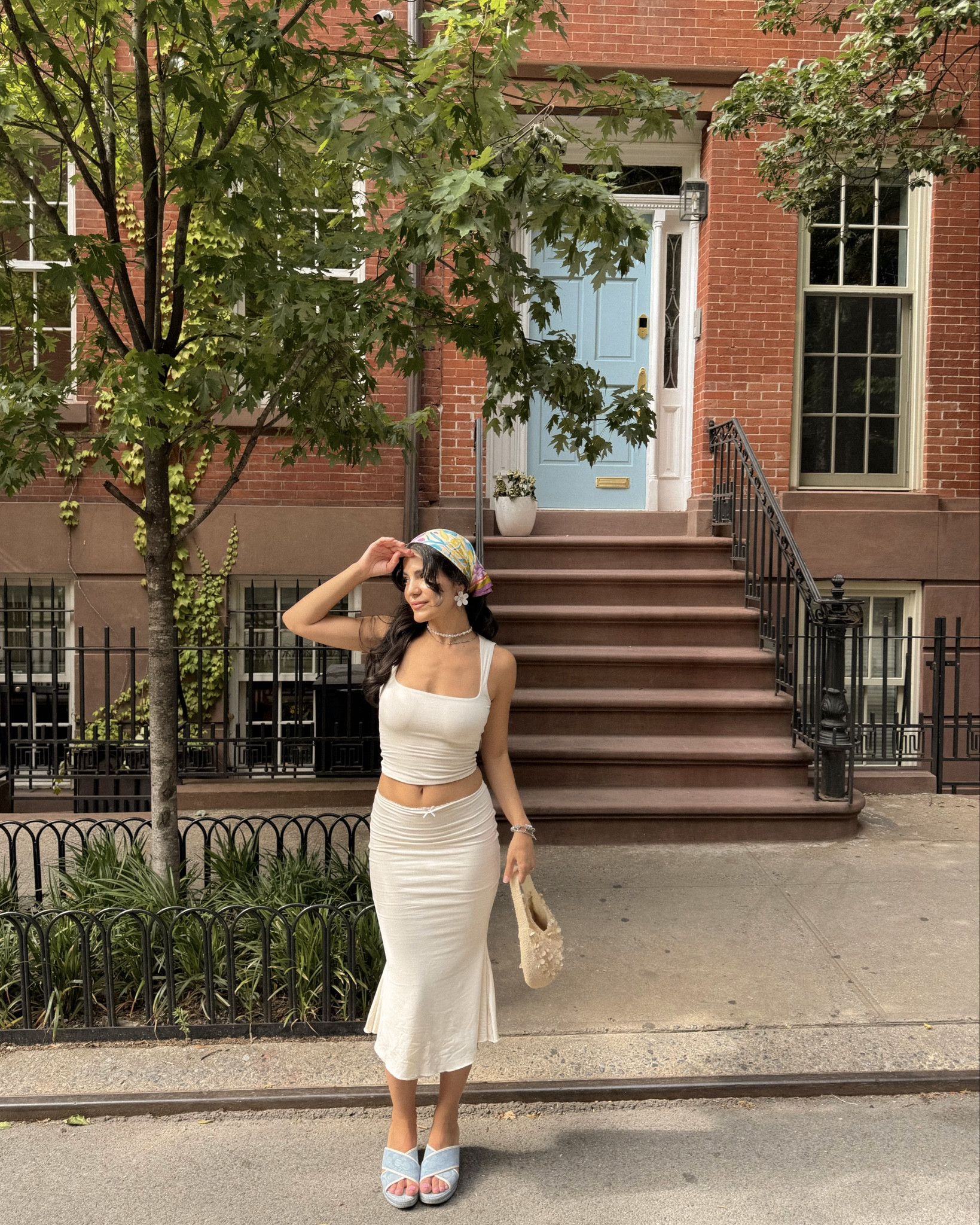 european summer outfit 🦋 midi skirt, matching set, scarf hairstyle, summer outfit ideas, holiday outfits