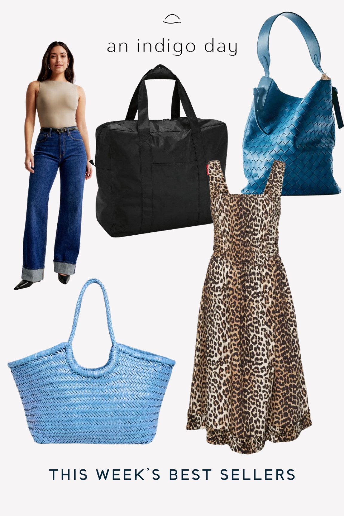 This weeks best sellers. Soft blue handbags - leopard ganni dress - a&f jeans as seen in my newsletter - the best travel duffle 

#LTKStyleTip #LTKItBag #LTKFindsUnder100