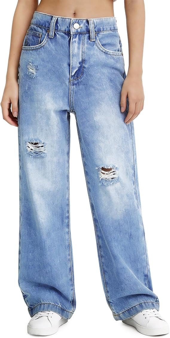 PATPAT Girls Baggy Ripped Jeans 5-14Y, Y2K Vintage Mid Waist Wide Leg Jeans, Trendy Denim Pants w... | Amazon (US)
