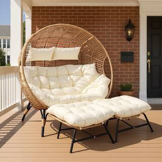 Oversized 2-Person Wicker Outdoor Egg Lounge Chair with 2-Ottomans, Beige | The Home Depot