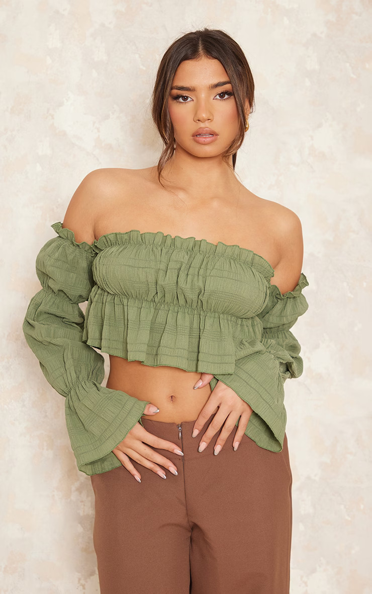 Khaki Textured Ruffle Bardot Crop Top | PrettyLittleThing UK