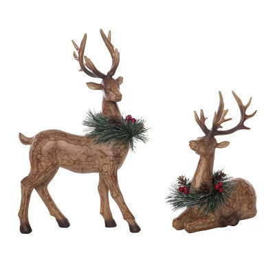 Transpac Set of 2 Resin Carved Reindeer Figurines with Wreath - Christmas Decorative Objects for Holiday Cheer | Target