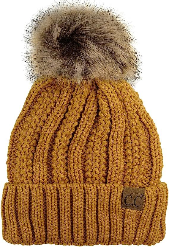 C.C Thick Cable Knit Faux Fuzzy Fur Pom Fleece Lined Skull Cap Cuff Beanie | Amazon (US)