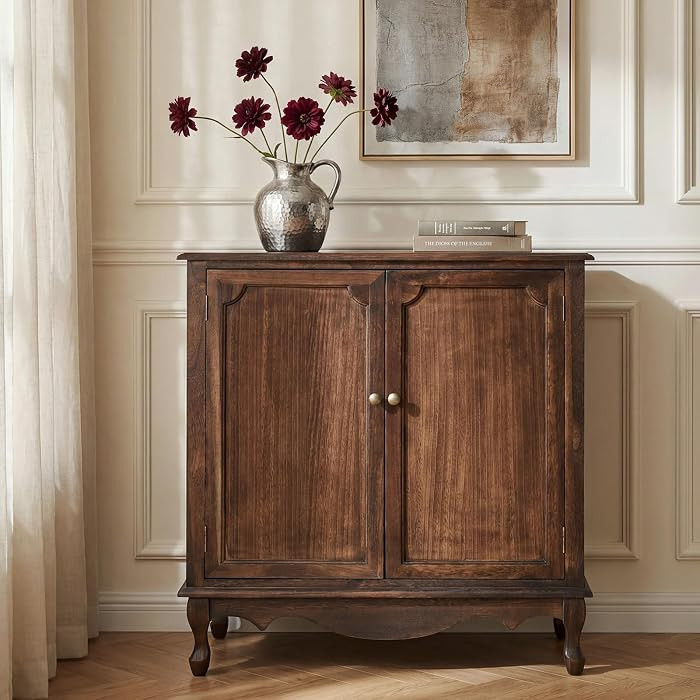 Antique Solid Wood Sideboard with Adjustable Feet, 2 Shelves Storage Accent Cabinet with 2 Doors,... | Amazon (US)