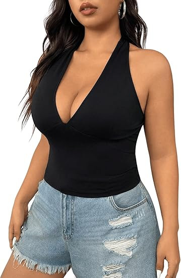 SOLY HUX Women's Plus Size Sexy Halter Deep V Neck Tank Top Backless Sleeveless Slim Fitted Going... | Amazon (US)
