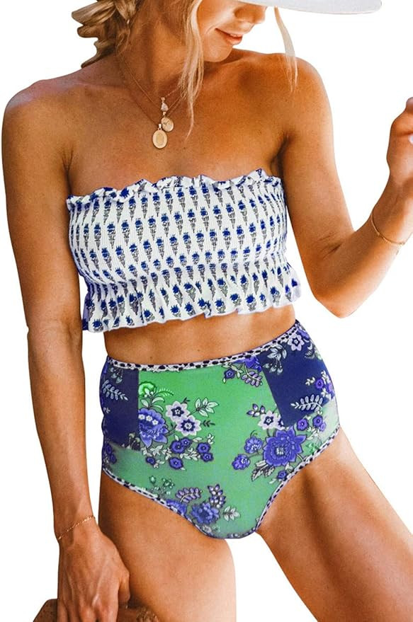 Aleumdr Womens 2 Pieces Bandeau Bikini Swimsuits Off Shoulder High Waist Bathing Suit | Amazon (US)