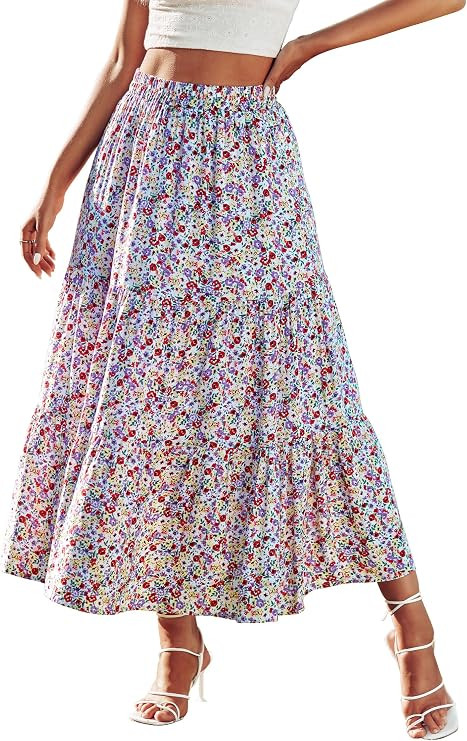 KIRUNDO Maxi Skirts for Women 2026 Summer Boho Floral High Waist Casual Flowy Long Skirt Beach Va... | Amazon (US)