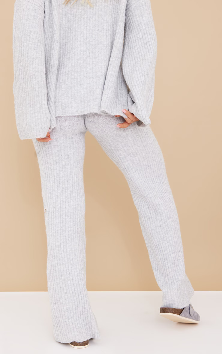 Grey Luxe Rib Knit Wide Leg Trousers | PrettyLittleThing UK