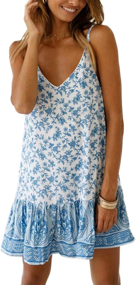 Women's Sleeveless Floral Print Empire Waist Backless Flowy Boho Mini Tank Dress Strappy A Line B... | Amazon (US)