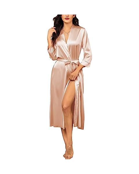 PRODESIGN Satin Kimono Robe Long Bath Robe with Ostrich Feather Trim Sleepwear Wedding Bridesmaid... | Amazon (US)