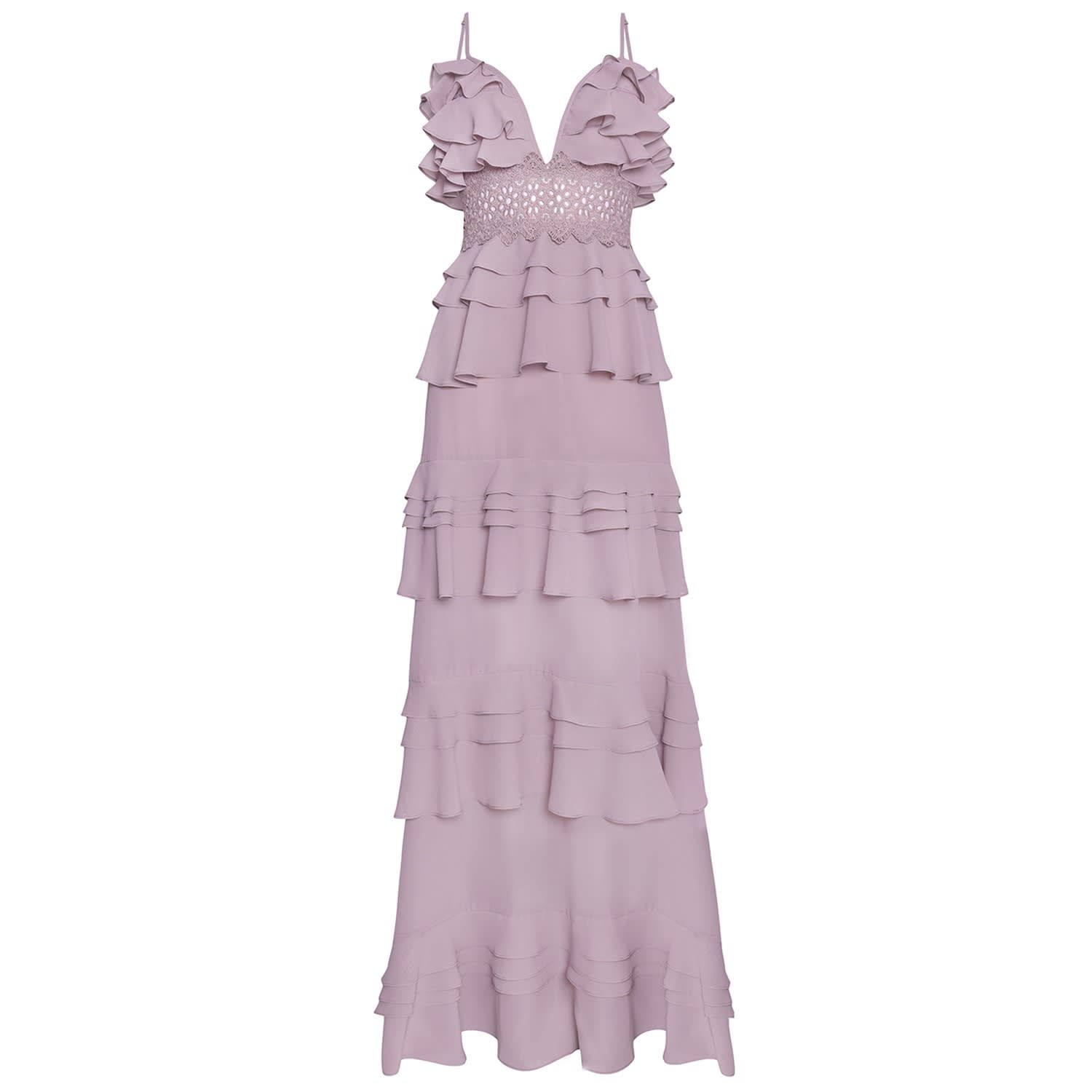 Dusty Lilac Plunge Front Tiered Ruffle Maxi Dress | Wolf and Badger (Global excl. US)