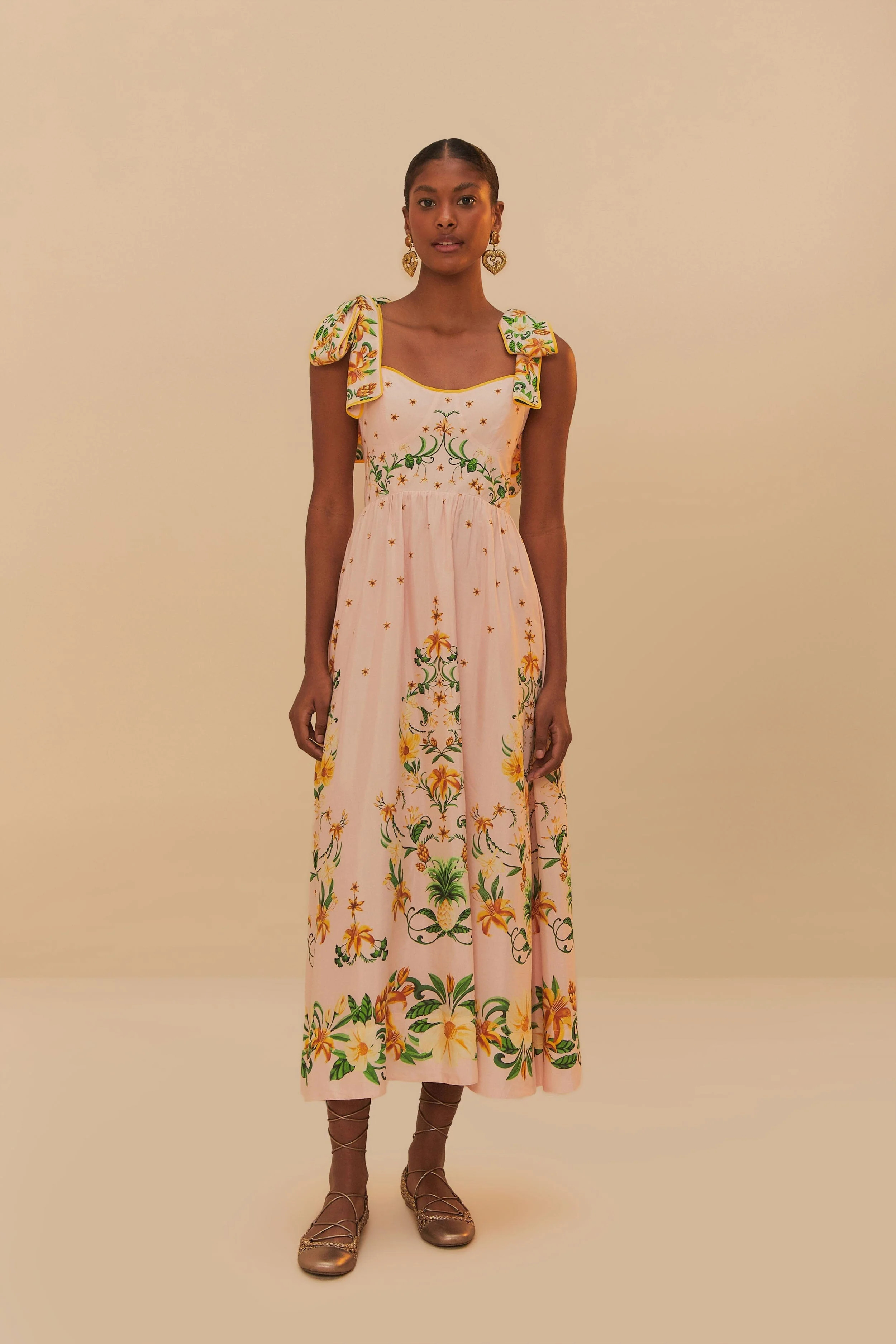 Pink Botanical Beauty Shoulder Bow Midi Dress | FarmRio (US)