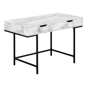 Monarch 2 Drawer 48" Faux Marble Recessed Leg Computer Desk in White and Black | Cymax