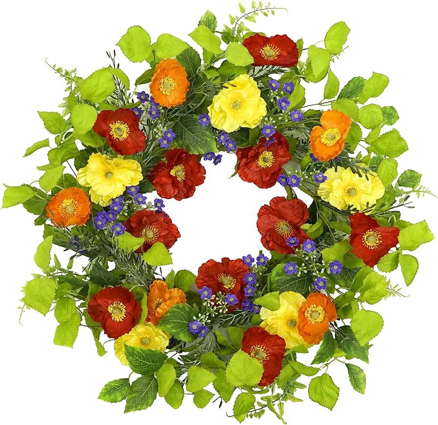 AMF0RESJ 22” Artificial Spring Summer Wreath with Colorful Poppy Flower,Rose Leaves,Tea Leaves ... | Amazon (US)