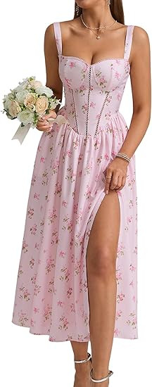 KUTUMAI Floral Corset Midi Dress Flowy Slit Summer Spring Wedding Guest Dresses for Women Sundres... | Amazon (US)