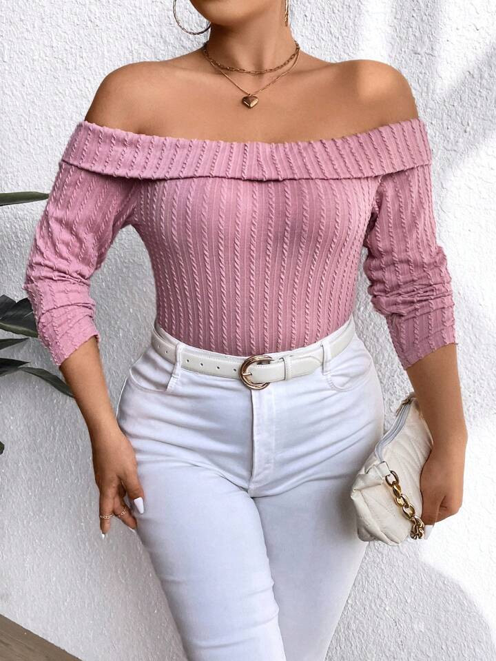 SHEIN Privé Plus Size Solid Color Off Shoulder T-Shirt | SHEIN