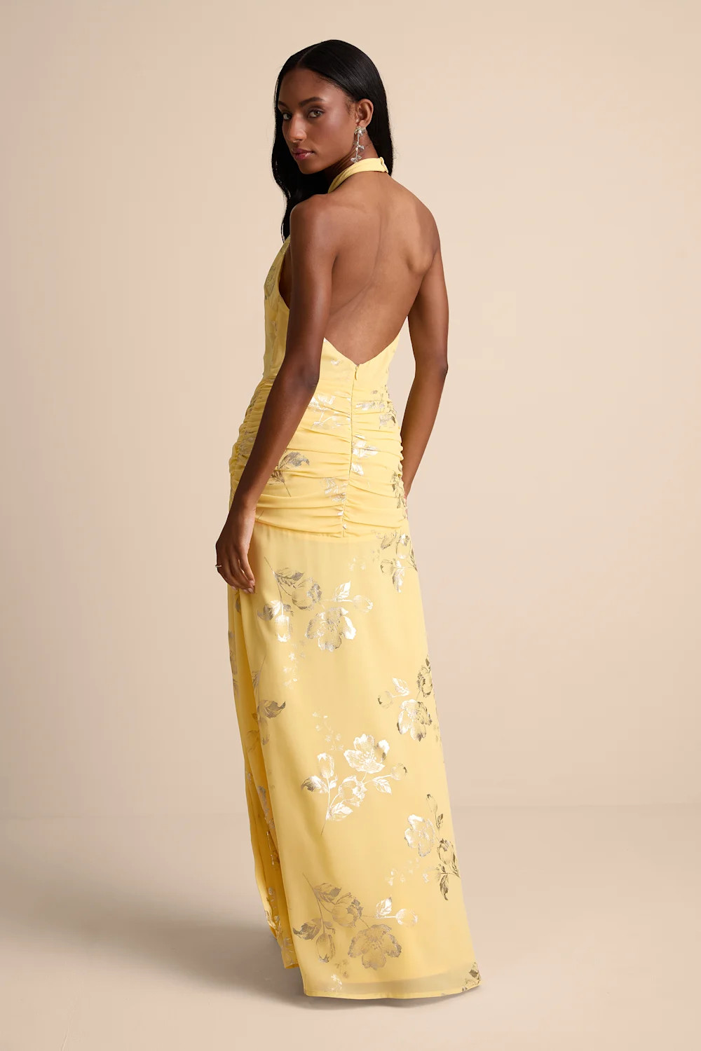 Dayana Yellow Metallic Floral Backless Maxi Dress | Lulus