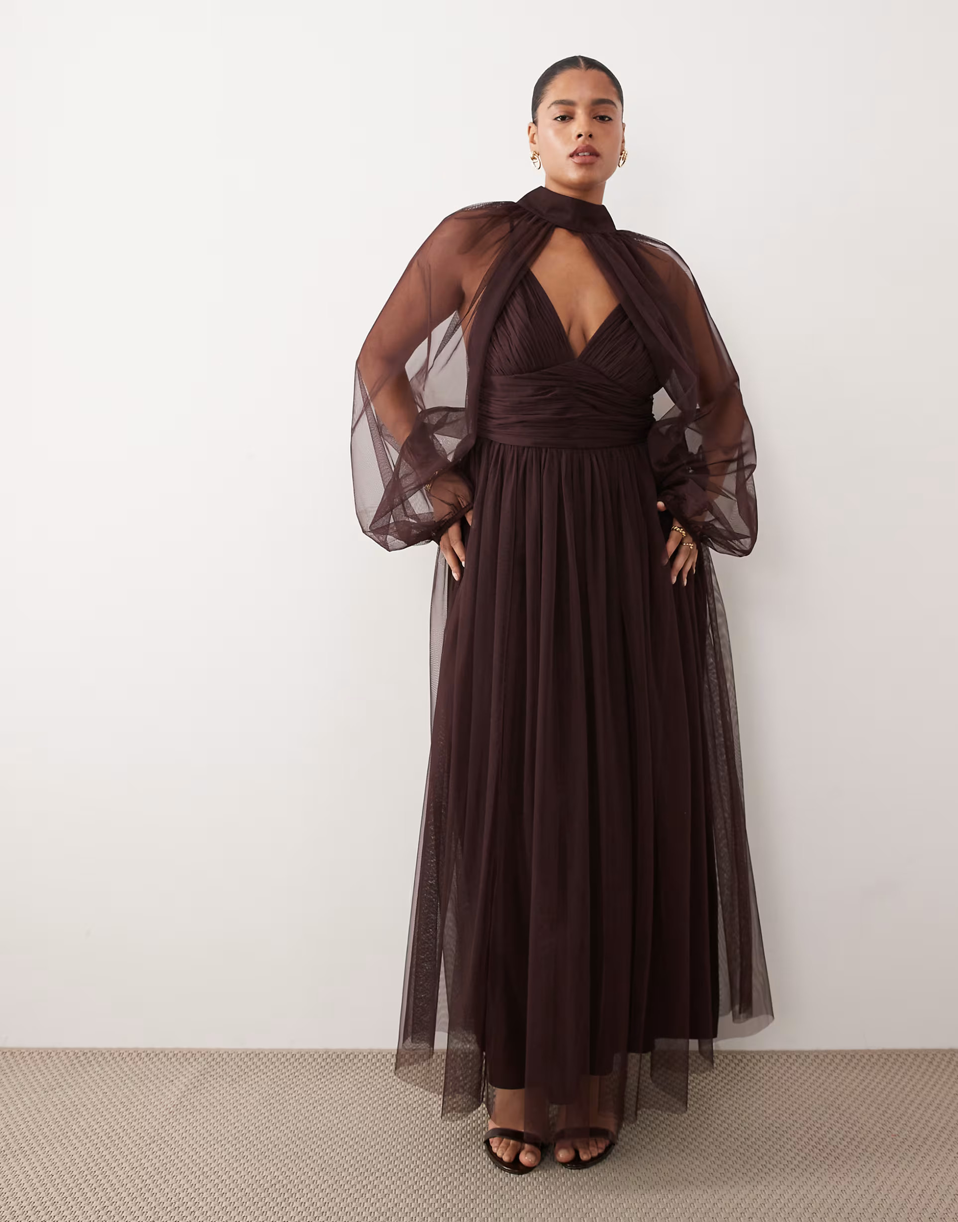 Lace & Beads Plus removable sleeve tulle maxi dress in chocolate | ASOS (Global)