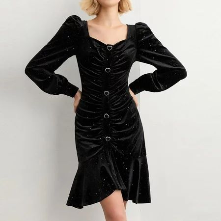 Zanvin Fall Dresses for Women 2022 Savings! Women s Temperament Black Dresses V-Neck Long Sleeve Dre | Walmart (US)