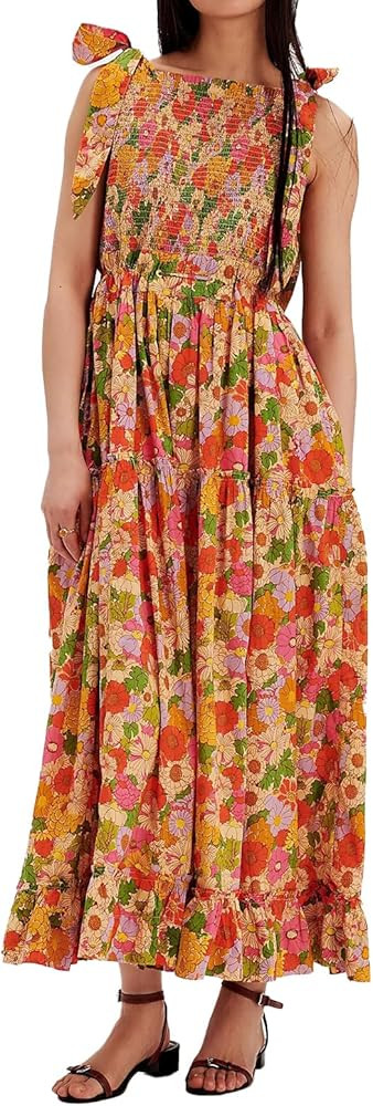ABYOVRT Women Floral Maxi Dress Tie Shoulder Cutout Backless Boho Smocked Flowy Dresses Summer Fa... | Amazon (US)