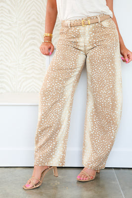 Layla Deer Printed Camel Barrel Jean Camel / Small | The Willow Tree