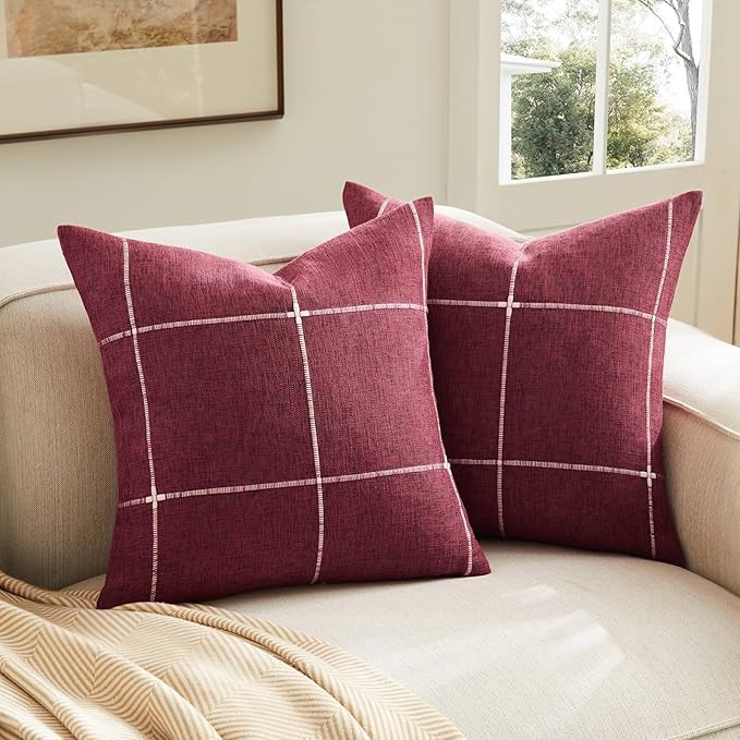 2 Packs Grid Embroidery Throw Pillow Covers, 20x20 Inch Burgundy, Farmhouse Linen Decorative Red ... | Amazon (US)