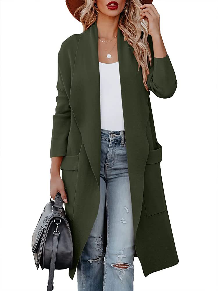 ANRABESS Women's Casual Long Sleeve Draped Open Front Knit Pockets Long Cardigan Jackets Sweater | Amazon (US)