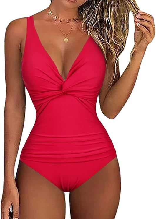 Hilor Women V Neck One Piece Swimsuit Tummy Control Shirred Swimwear Front Twist Bathing Suits | Amazon (US)