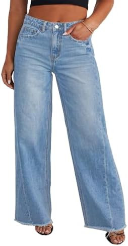 Eytino Women's Plus Size Wide Leg Jeans Elastic High Waist Stretchy Raw Hem Denim Pants with Pock... | Amazon (US)