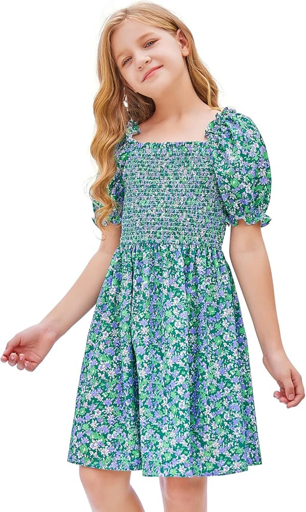 LaBeca Girls Square Neck Ruffle Puff Sleeve Floral Print Smocked Casual Dress for 5-12 Years | Amazon (US)