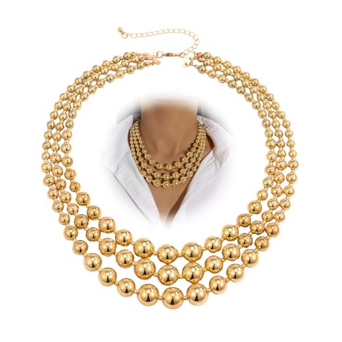 Chunky Gold Beaded Statement Necklace for Women Trendy Thick Big Silver Fake Pearls Beads Chain Layered Charm Choker Necklace Stack Fashion Prom Jewelry (Gold) | Amazon (US)
