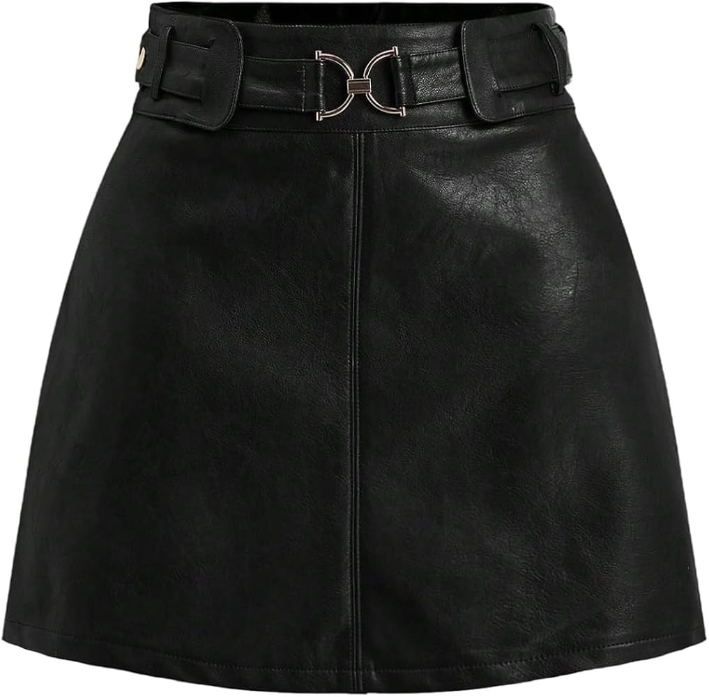 Verdusa Women's PU Leather Skirt Buckle Belted A Line Mini Skirt Retro Chic | Amazon (US)