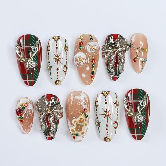 24Pcs Christmas Fake Nails Luxury Handmade Press on Nails with 3D Bow Elk Rhinestone Charm Design... | Amazon (US)