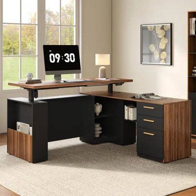 Adonia 63" W L-Shaped Electric Height Adjustable Standing Desk With 3 Drawers File Cabinet, Privacy Panel, AC/USB , Sit-Stand Home Office Corner Desk, | Wayfair North America