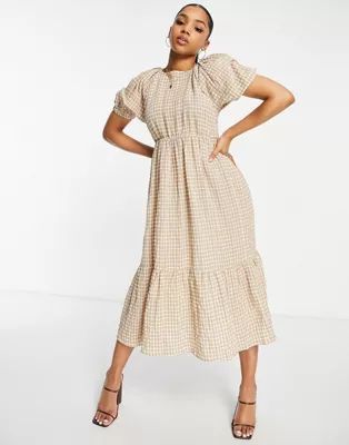 Missguided tiered smock midaxi dress in stone gingham | ASOS | ASOS (Global)
