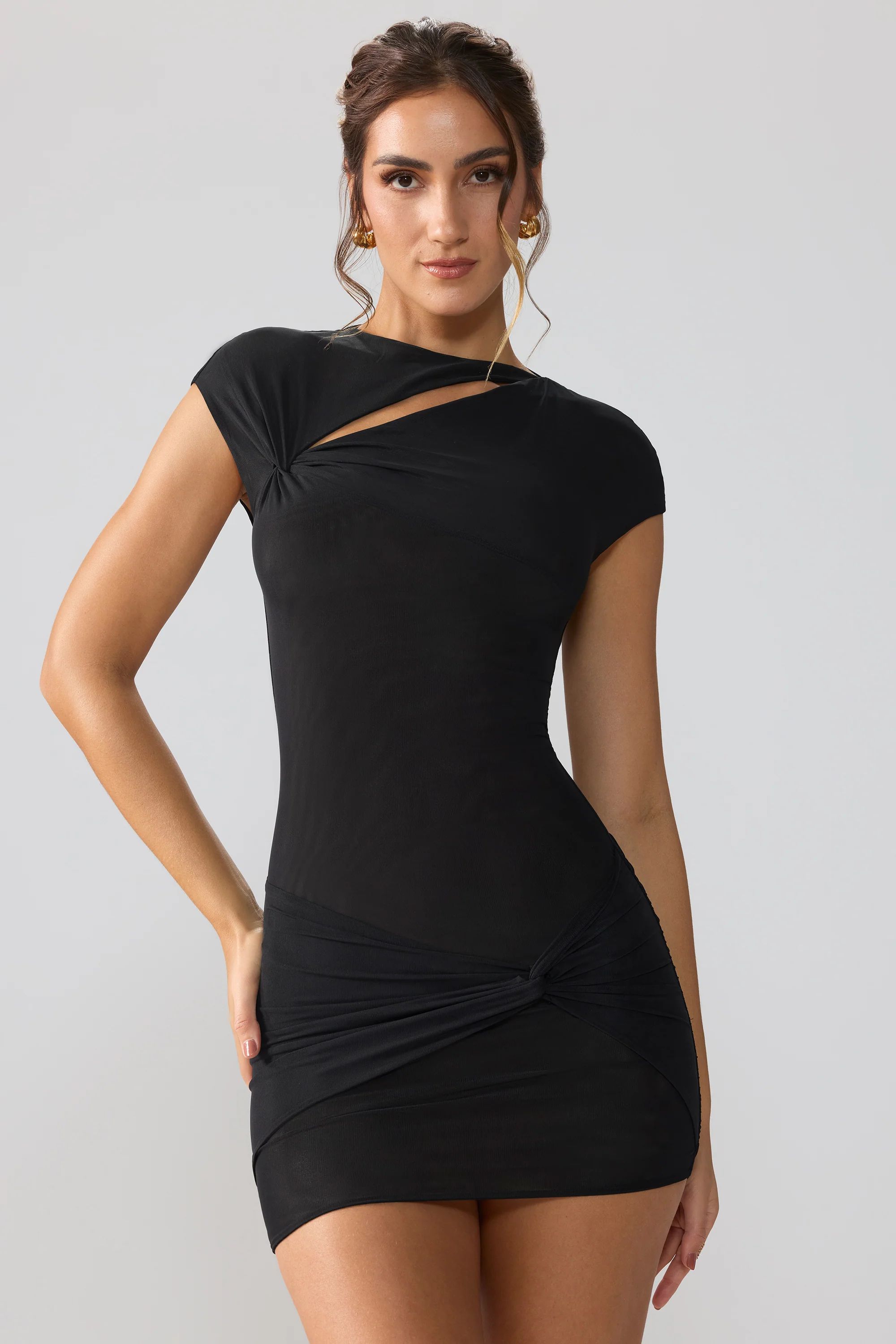 Mesh Cap Sleeve Cut Out Mini Dress in Black | Oh Polly