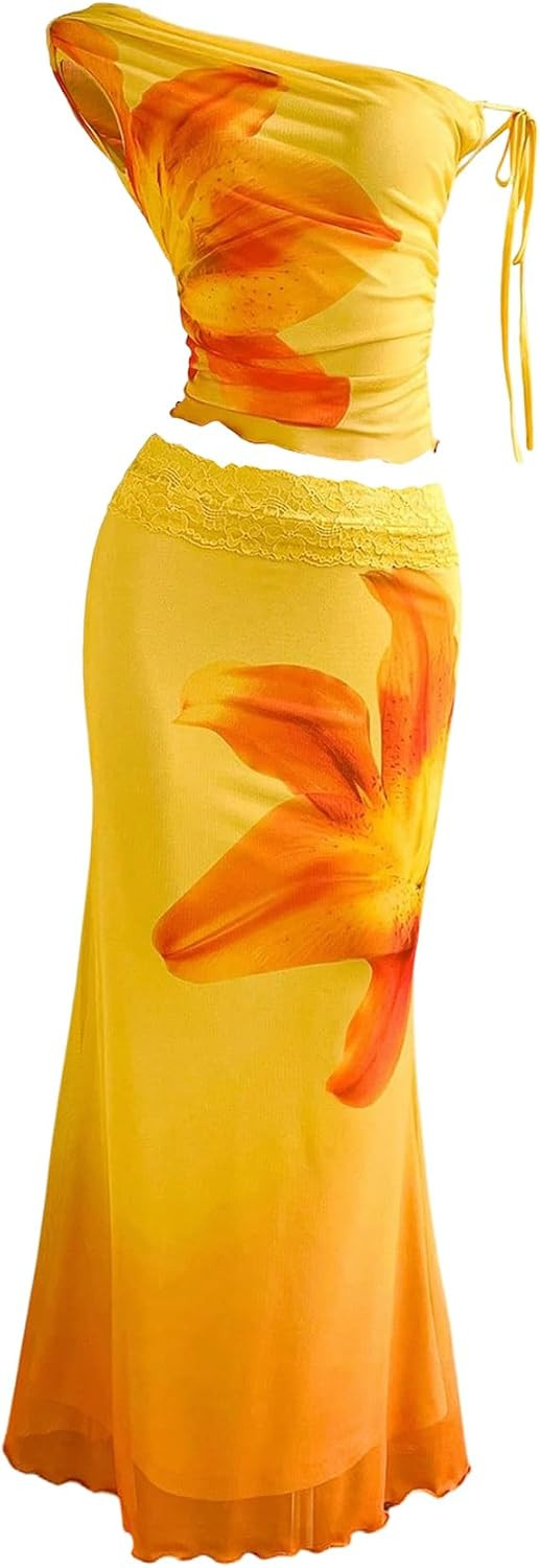 SOLY HUX Women's 2 Piece Outfit Floral Mesh Ruched Crop Top Maxi Skirt Set | Amazon (US)