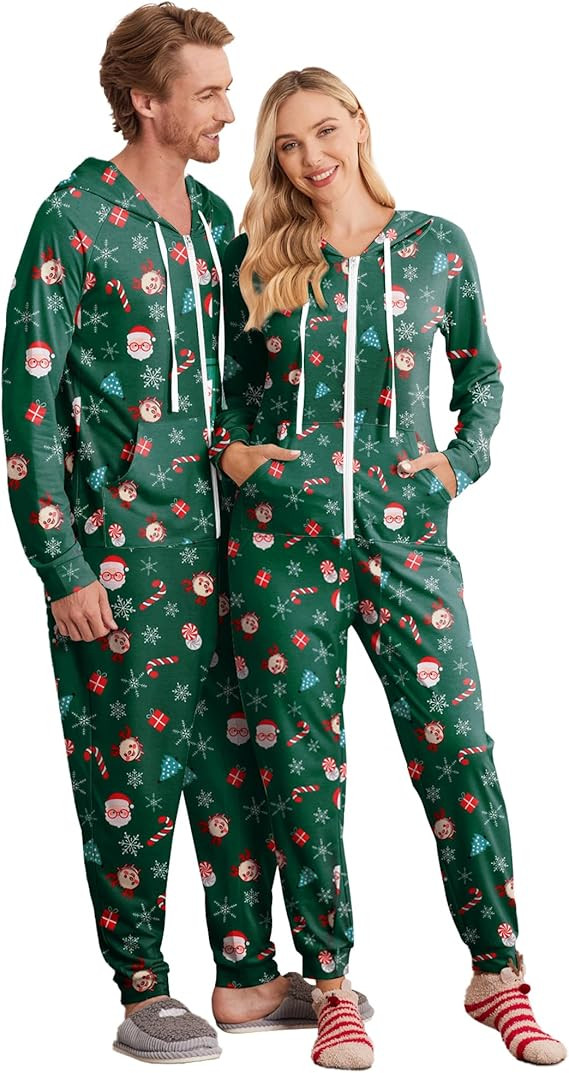 Ekouaer Christmas Matching Onesies for Couples Zipper Hooded Adult Onesie Pajamas with Pockets S-... | Amazon (US)