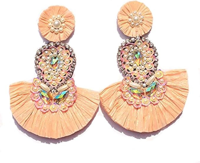 HANDMADE Salmon Pink Beaded Tassel Raffia Earrings E-58-SB-28 | Amazon (US)