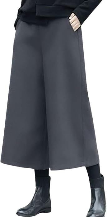 chouyatou Women's Fall Wool Blend Culottes Capri Cropped Pants Elastic High Waist Wide Leg Palazz... | Amazon (US)