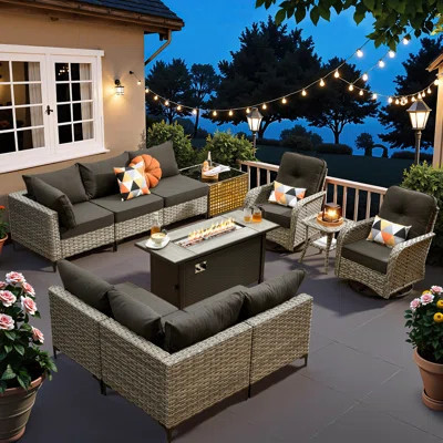 Sorella 11-Piece PE Wicker Outdoor Patio Furniture Set with 54" Propane Fire Pit Table & Solar-Powered Lighting | Wayfair North America