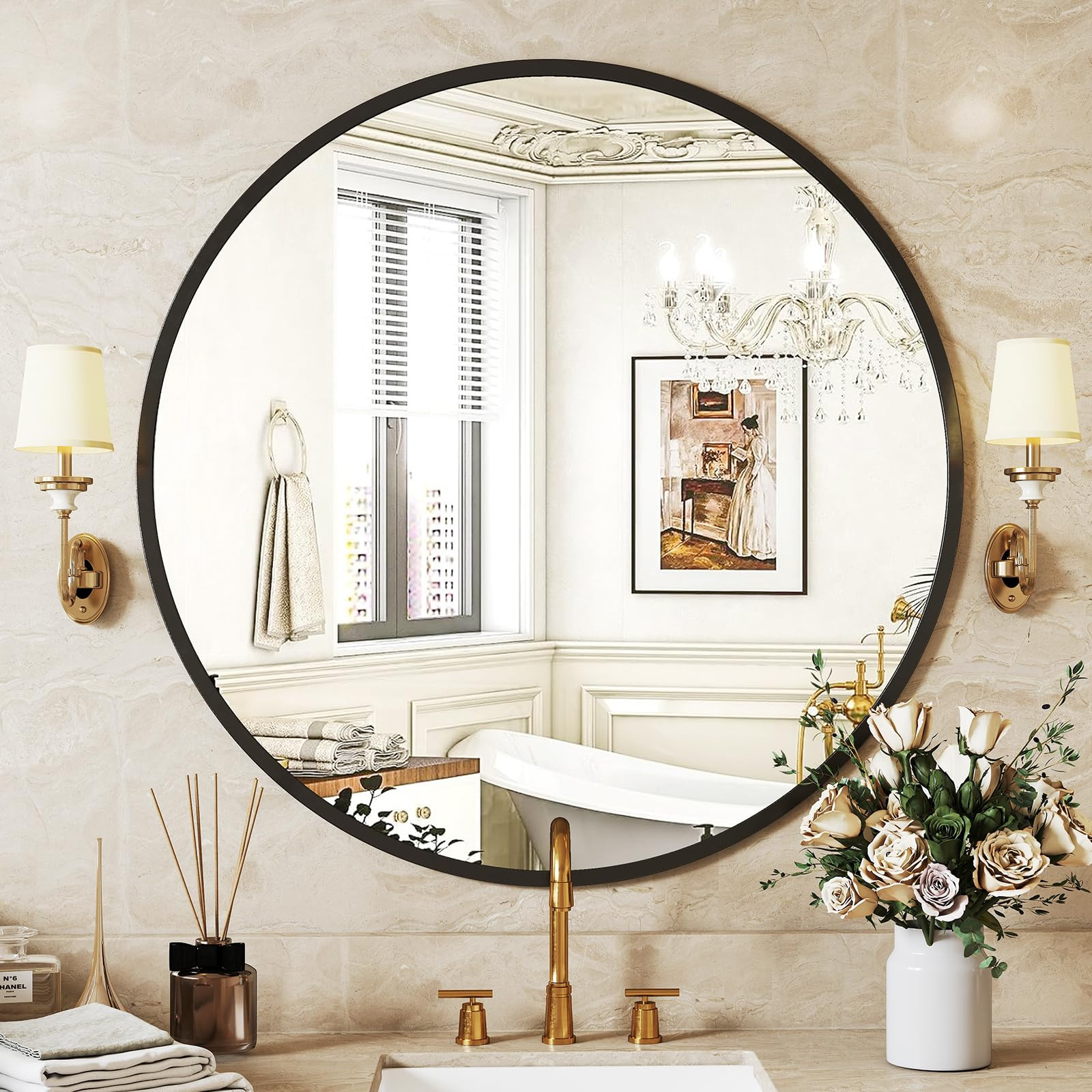 Sweetcrispy Black Round Wall Mirror 24 Inch, Bathroom Mirrors for Over Sink, Circle Mirror for Ba... | Amazon (US)