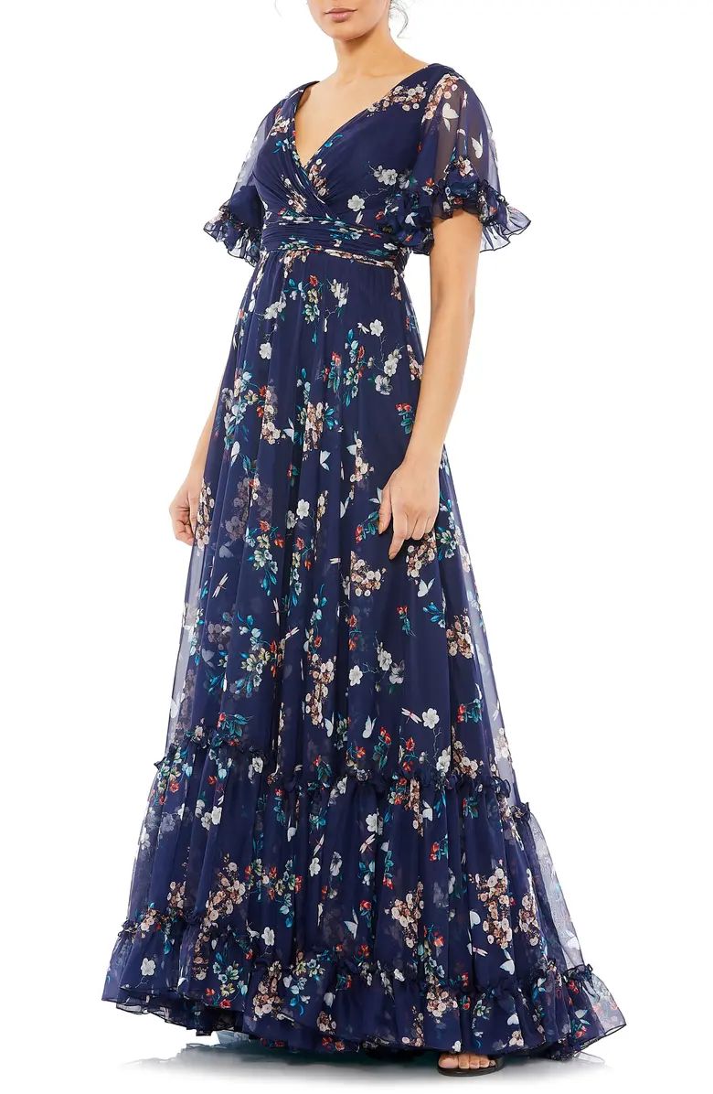 Floral Flounce Sleeve A-Line Gown | Nordstrom