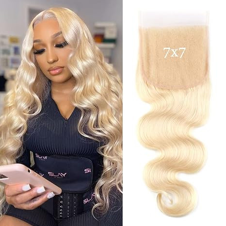 7 * 7 613 Blonde Lace Closure Human Hair Body Wave Free Part with Baby Hair Brazilian Human Hair ... | Amazon (US)