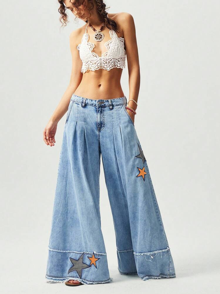 Bohemela Boho Denim Casual Vacation Style Western Cowgirl Solid Woven Wide Leg Pants With Star Em... | SHEIN