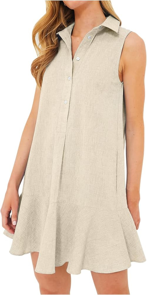 Women‘s Sleeveless Shirt Dress Ruffle Hem Cotton Tunic Tank Dress Button Up Swing Shift Mini Dr... | Amazon (US)