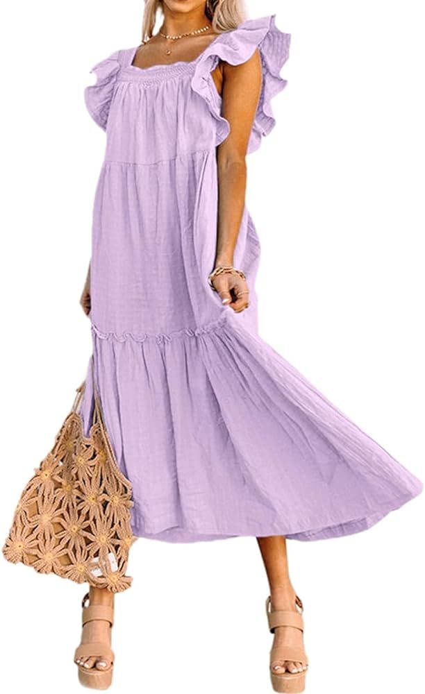 Amazon.com: uSecee Babydoll Maxi Dresses for Women 2024 Ruffle Cap Short Sleeve Dress Pleated Swi... | Amazon (US)