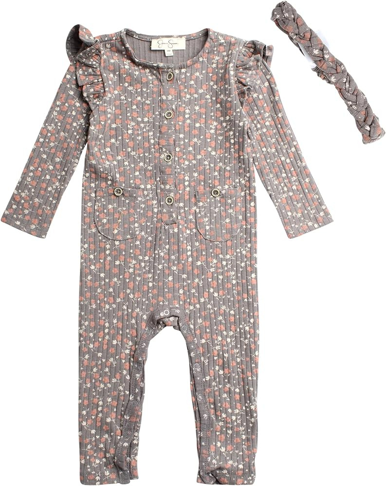 Jessica Simpson Baby Girls' Romper - Overall Jumpsuit with Hat or Headband - Long Sleeve Bodysuit... | Amazon (US)