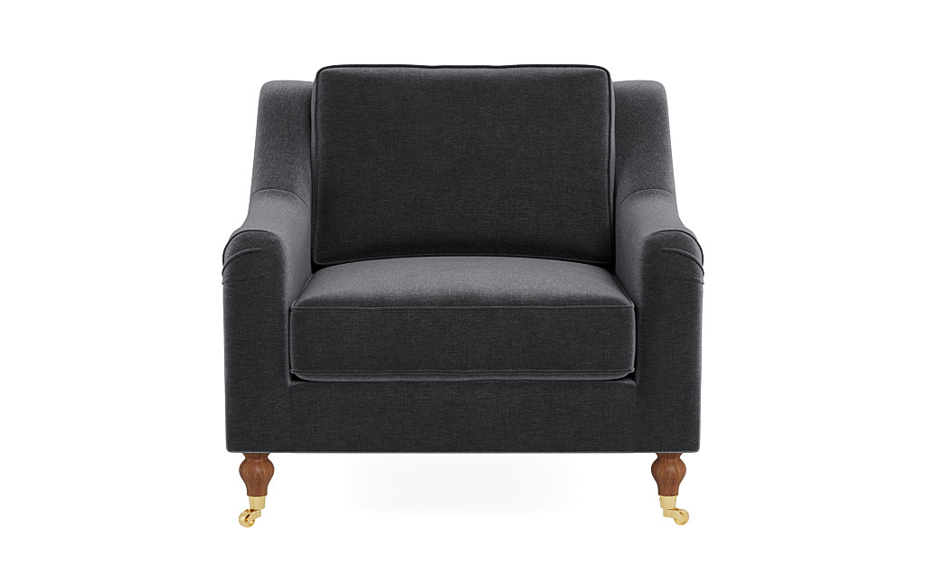 Alexander Custom Accent Chair in Slate Performance Vintage Velvet, Oiled Walnut with Brass Caster - Customize Color, Size & More | Interior Define